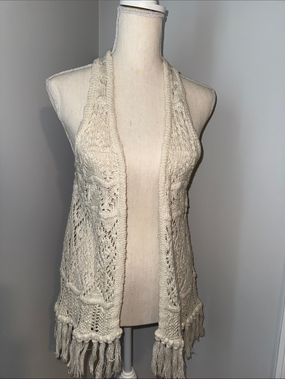 American Rag Cream Open Knit Fringe Vest